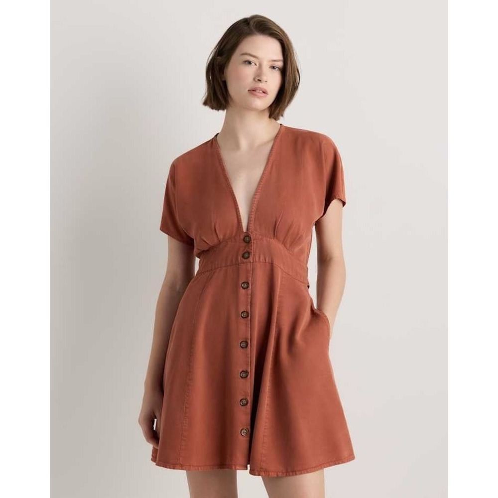 Quince 100% TENCEL Lyocell Button Front Dress Rust Brown Short Sleeve Pockets S